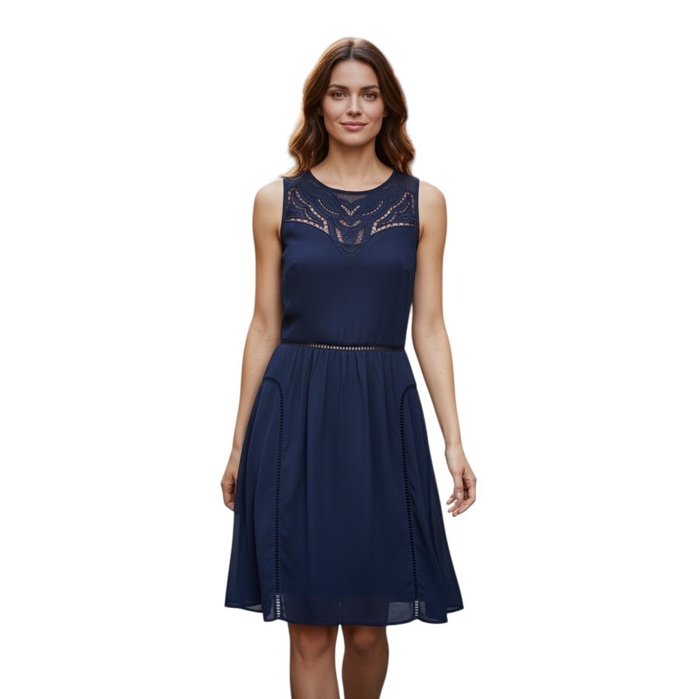 Naf Naf Sleeveless Fit & Flare Dress Women's Size 38 (S) Navy Blue Mesh Cutouts